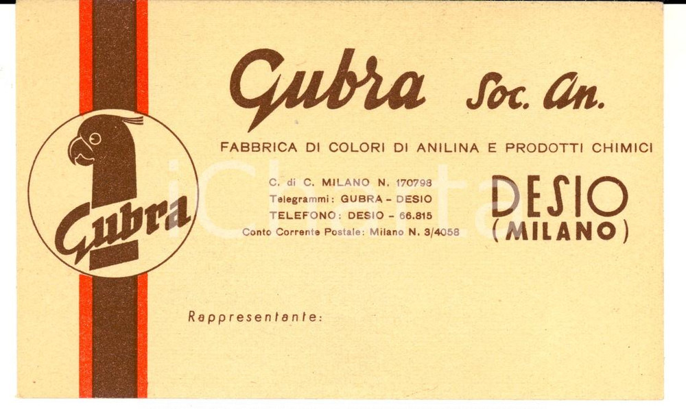 Materiale pubblicitario d’epoca 1950 ca DESIO MB Soc. An. GUBRA Colori di anilina Cartoncino pubblicitario 1