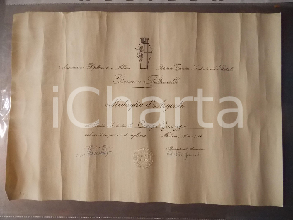 Oggetto da collezione cartaceo 1965 MILANO Istituto Tecnico Industriale FELTRINELLI Attestato 25Â° del diploma 1