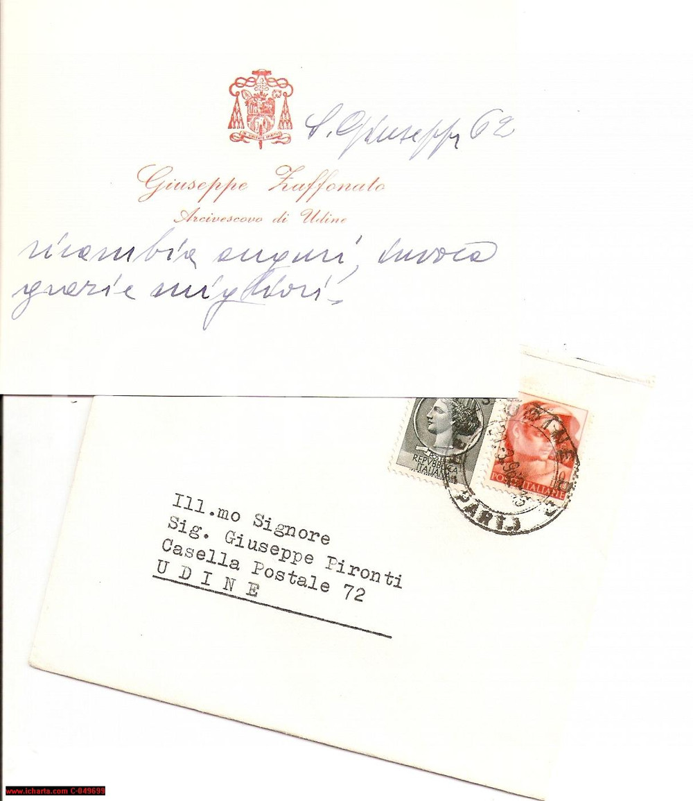 Oggetto da collezione cartaceo 1962 UDINE Onomastico Arcivescovo ZAFFONATO autografo 1