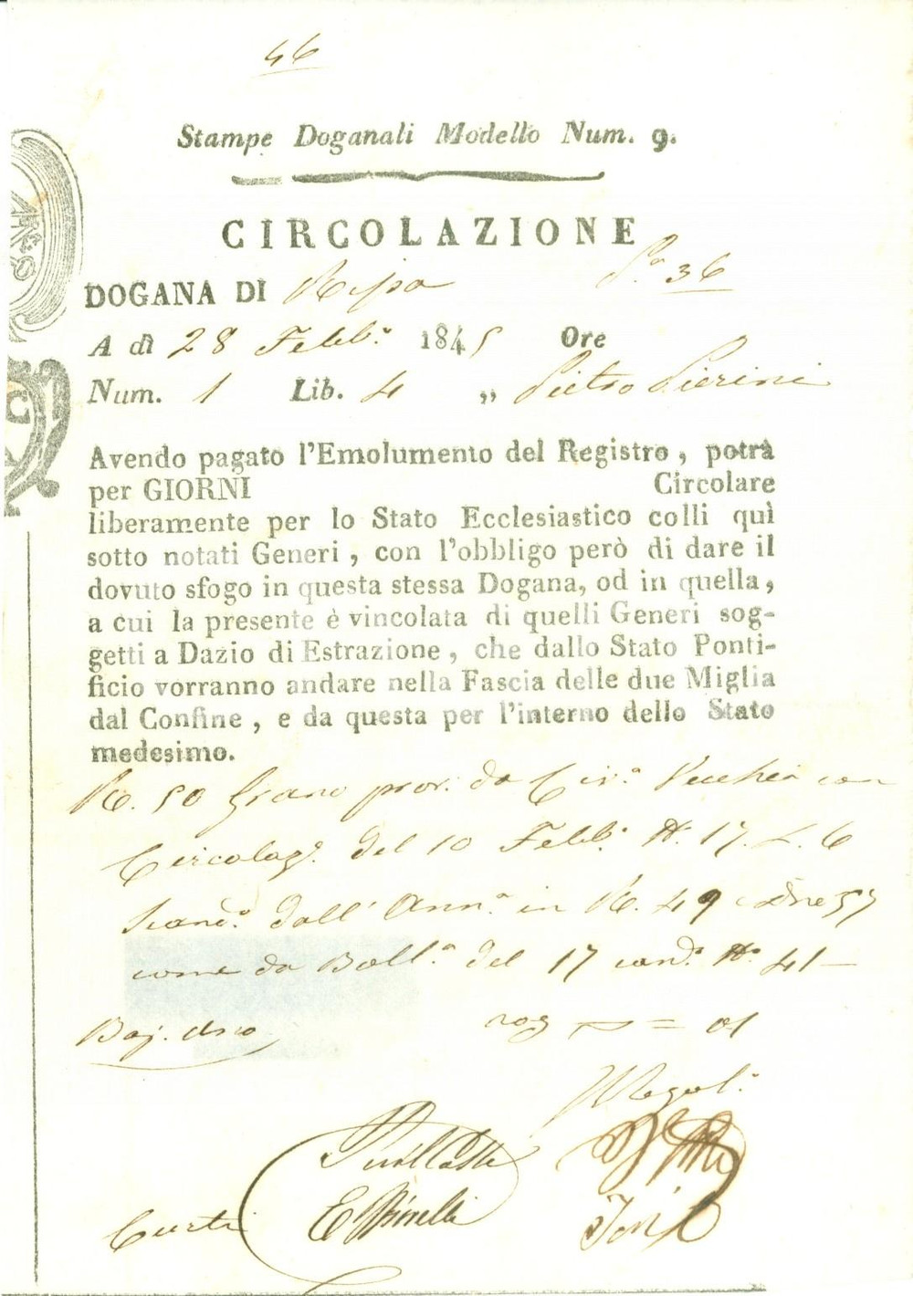 Documento originale, autentico 1845 DOGANA DI RIPA STATO PONTIFICIO Pietro PIERINI puÃ² circolare con grano 1