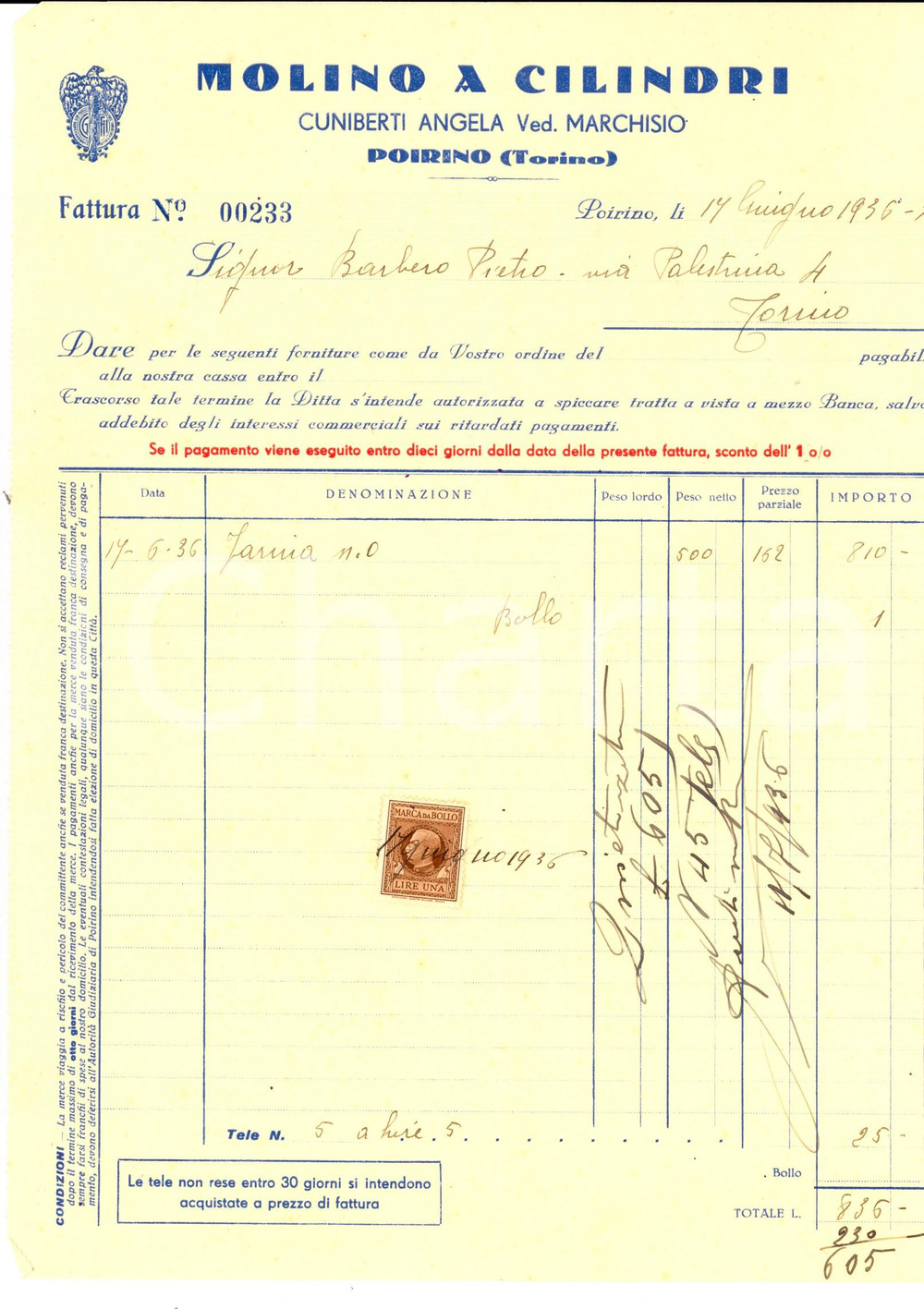 Documento originale, autentico 1936 POIRINO TO Angela CUNIBERTI ved. MARCHISIO Molino a clilindri Fattura 1