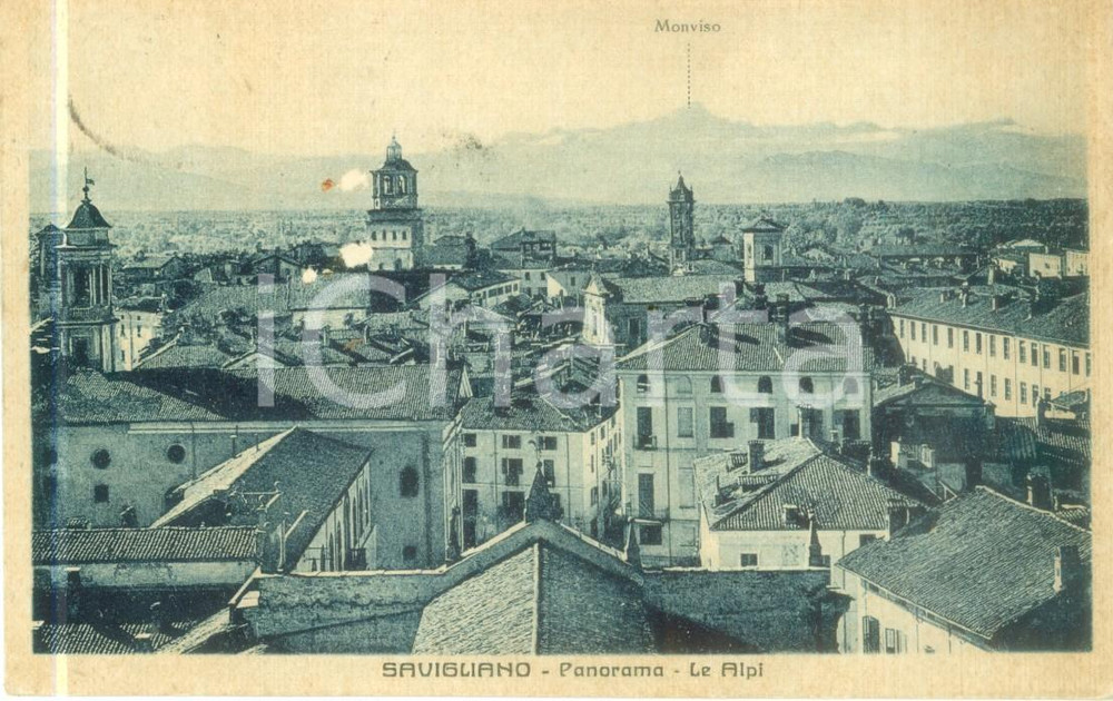 Cartolina originale da collezione 1932 SAVIGLIANO CN Panorama con ALPI e MONVISO Cartolina FP VG 1