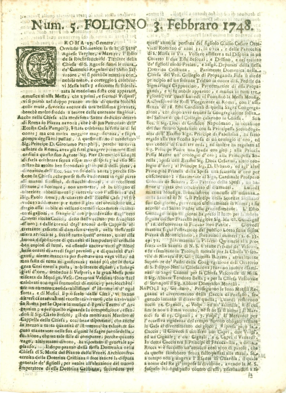Giornale, rivista storica 1748 GIORNALE DI FOLIGNO n. 5 Festa SANT AGNESE celebrata nella Chiesa PAMPHILI 1