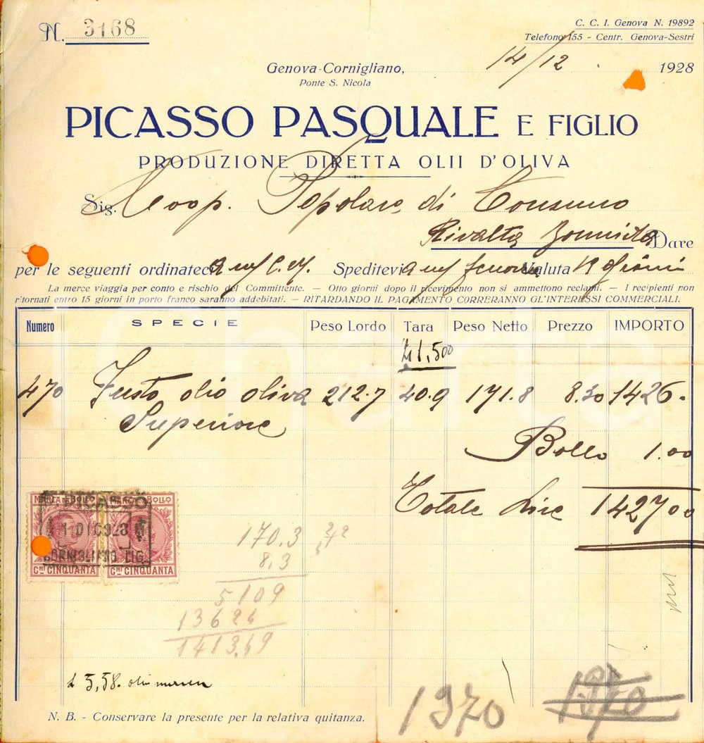 Documento originale, autentico 1928 GENOVA CORNIGLIANO Pasquale PICASSO & figlio  Produzione olii d oliva 1