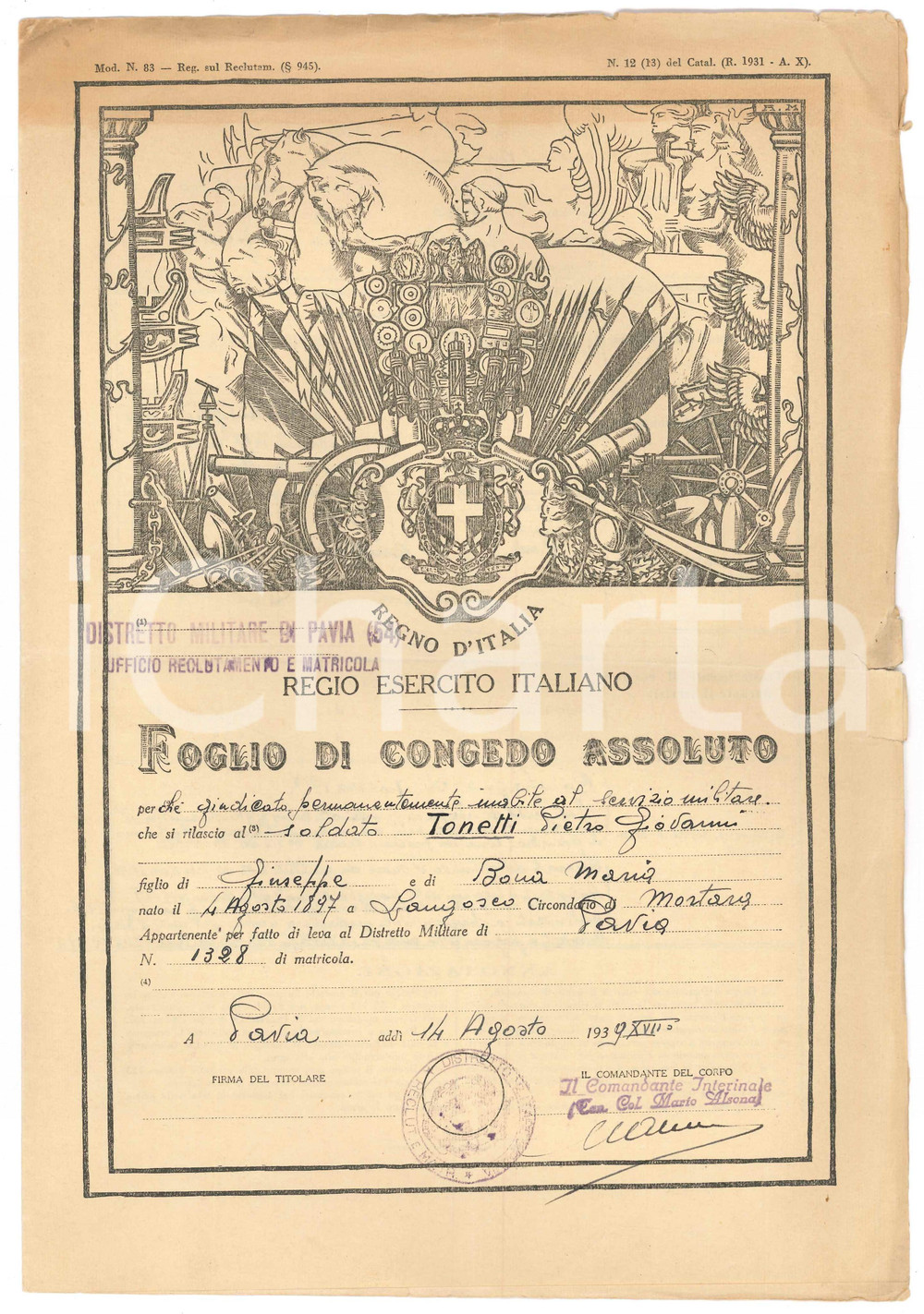 Documento originale, autentico 1939 REGIO ESERCITO  PAVIA Congedo assoluto Soldato Pietro Giovanni TONETTI 1