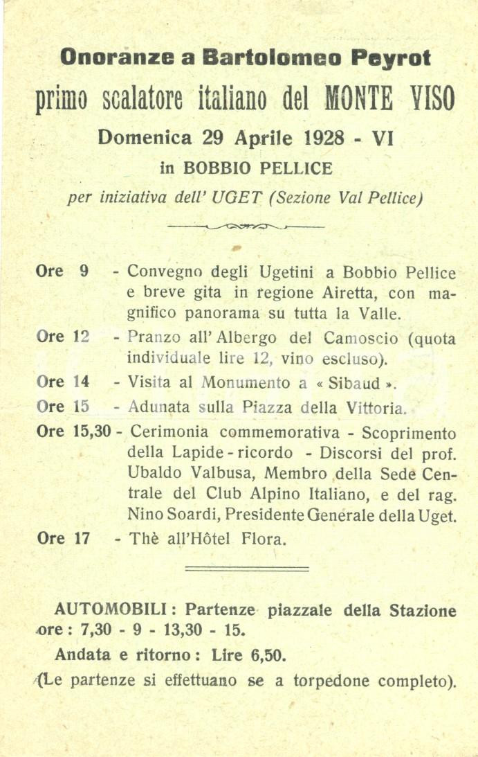 Cartolina originale da collezione 1928 BOBBIO PELLICE (TO) Onoranze a Bartolomeo PEYROT scalatore *Cartolina FP VG 1