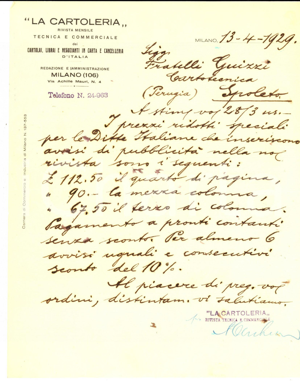 Documento originale, autentico 1929 MILANO Rivista LA CARTOLERIA per cartolai e librai Lettera commerciale 1
