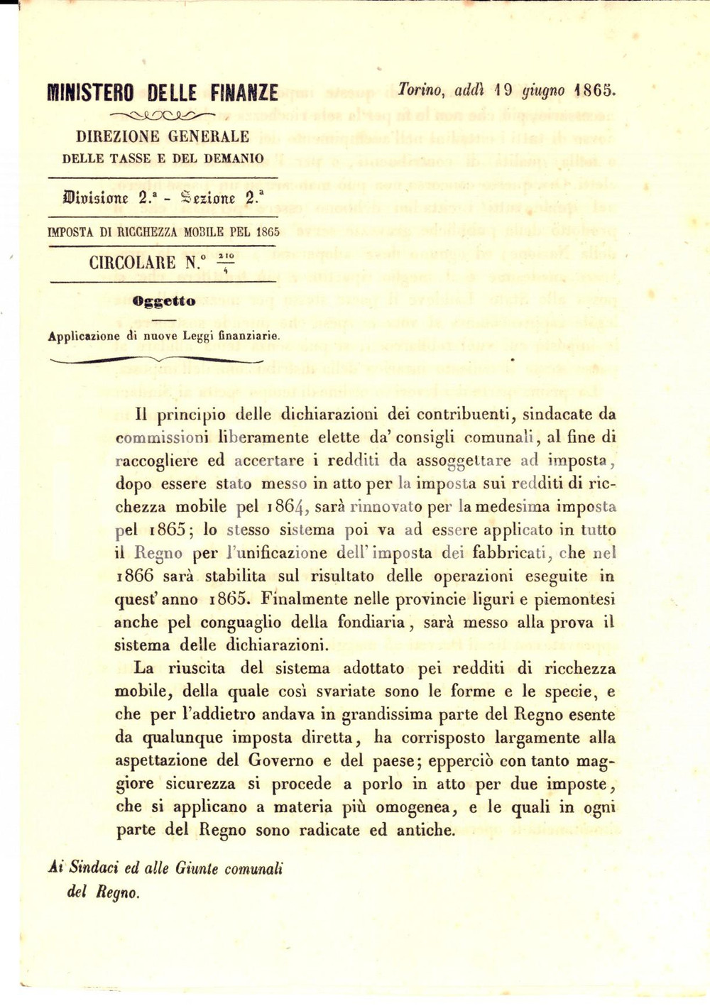 Documento originale, autentico 1865 TORINO MINISTERO DELLE FINANZE Sull'applicazione di nuove leggi finanziarie 1