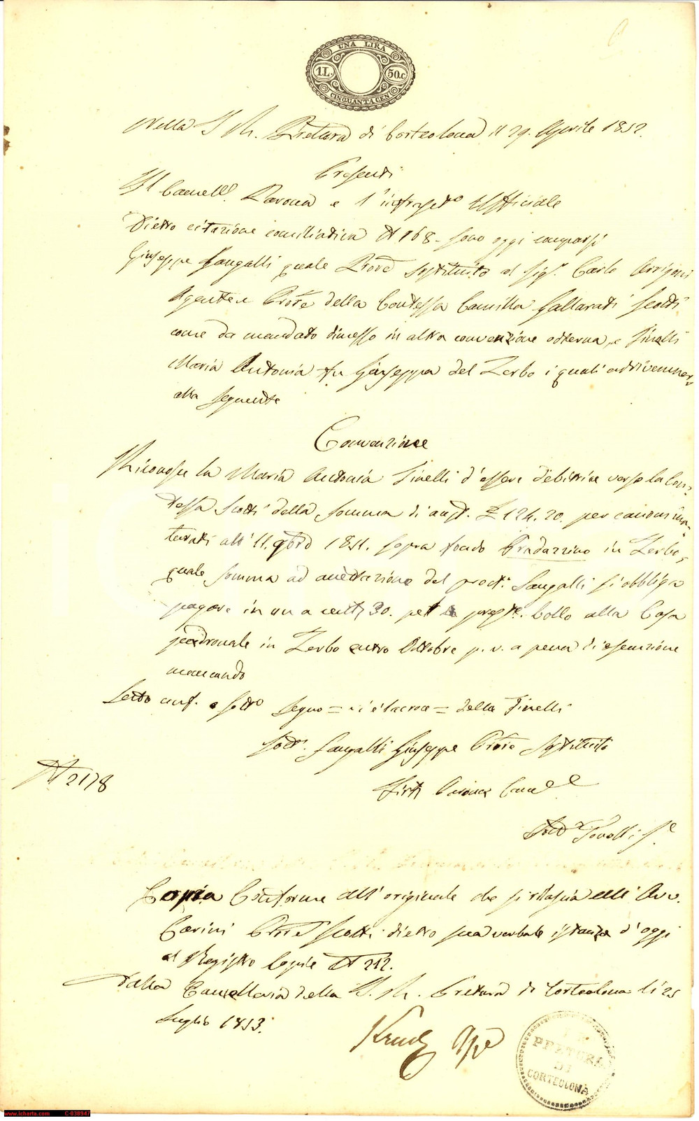 Documento originale, autentico 1852 ZERBO PV Canoni arretrati Camilla GALLARATI SCOTTI 1