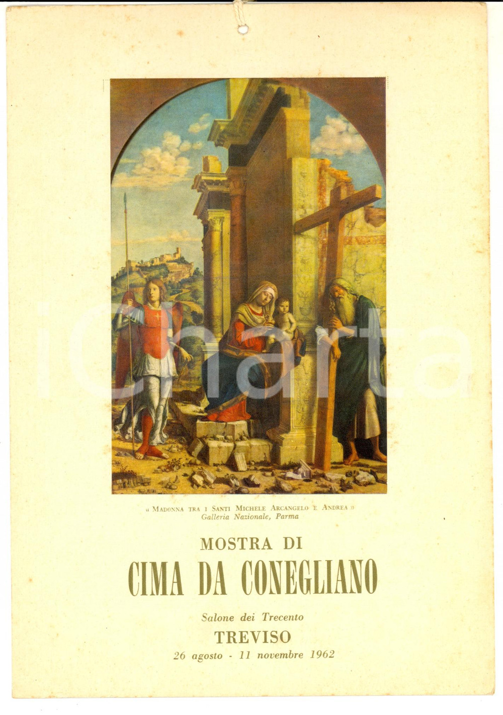Materiale pubblicitario d’epoca 1962 TREVISO Mostra CIMA DA CONEGLIANO Madonna tra i Santi Locandina bus 1