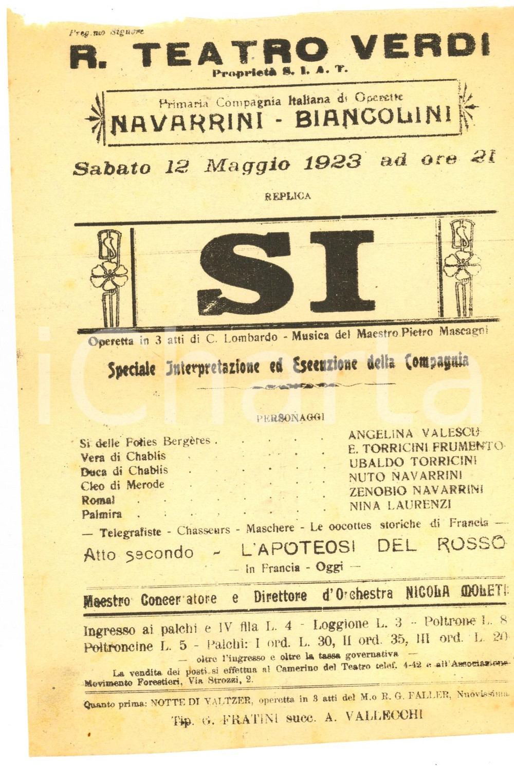 Materiale pubblicitario d’epoca 1923 FIRENZE TEATRO VERDI Pietro MASCAGNI SÃ¬ Locandina NAVARRINIBIANCOLINI 1