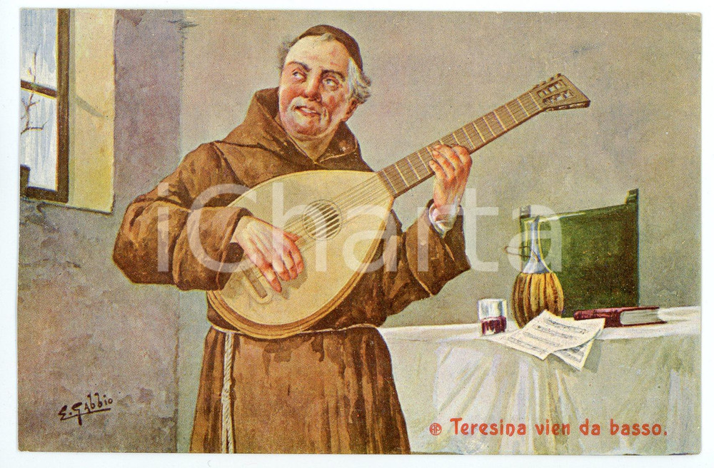 1900 ca HUMOUR Frate suona il liuto - Teresina vien da basso - Cartolina FP NV  Cartolina d'epoca, non viaggiata.ILLUSTRATORE: G. Gabbio FAIR/discreto Lievi mussature agli angoli Formato: FP originale e autentica 1