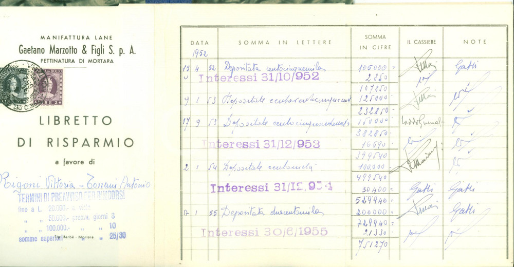 Documento originale, autentico 1952 MORTARA Libretto risparmio Vittoria RIGONI Antonio TONANI Lane MARZOTTO 1