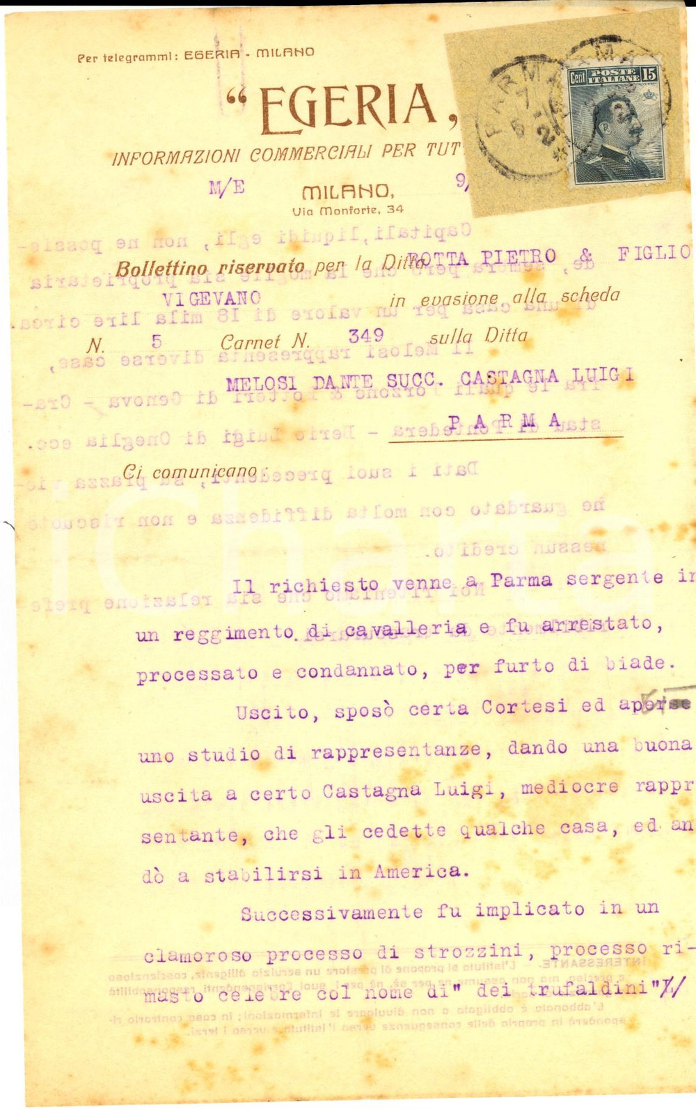 Manoscritto, lettera originale 1913 MILANO Bollettino ditta EGERIA  Informazioni riservate su Dante MELOSI 1
