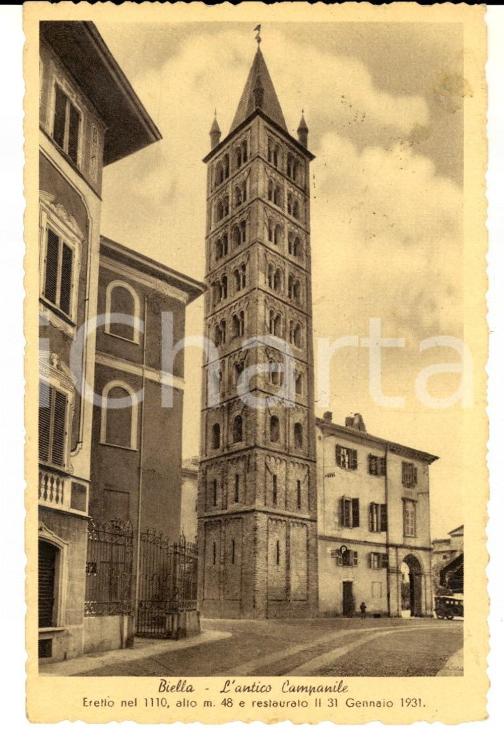 Cartolina originale da collezione 1943 BIELLA  Antico campanile restaurato nel 1931 *Cartolina postale FP VG 1