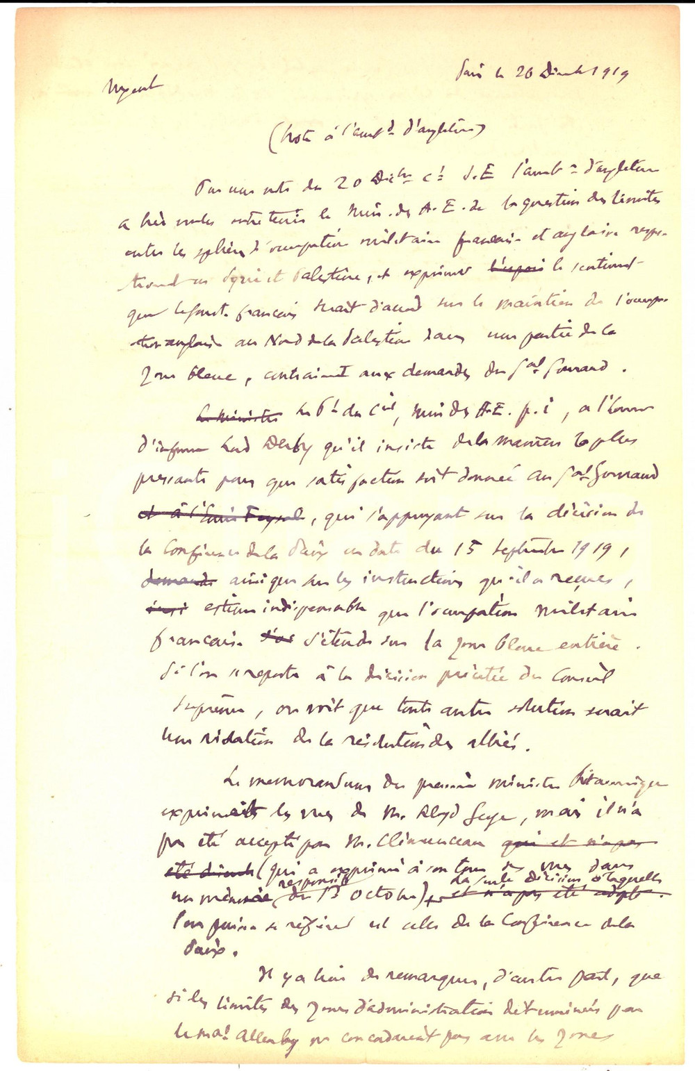 Autografo originale 1919 PARIS Influenze europee su SIRIA e PALESTINA *Autografo Philippe BERTHELOT 1