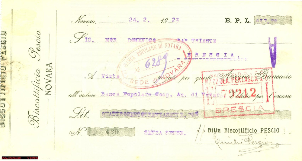 Documento originale, autentico 1923 NOVARA Assegno bancario Biscottificio PESCIO 1