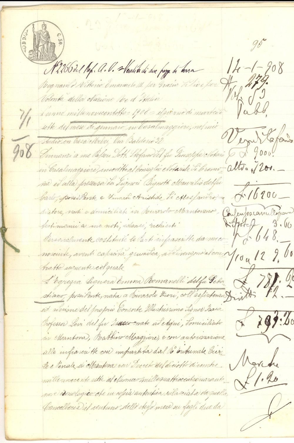 Documento originale, autentico 1908 RIVAROLO DEL RE CR Emma ROMANELLI e Clementina ERRERA vendono terre 1