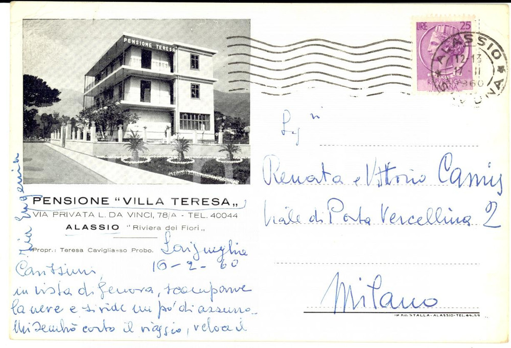 Cartolina originale da collezione 1960 ALASSIO SV Pensione VILLA TERESA Cartolina postale FG VG 1