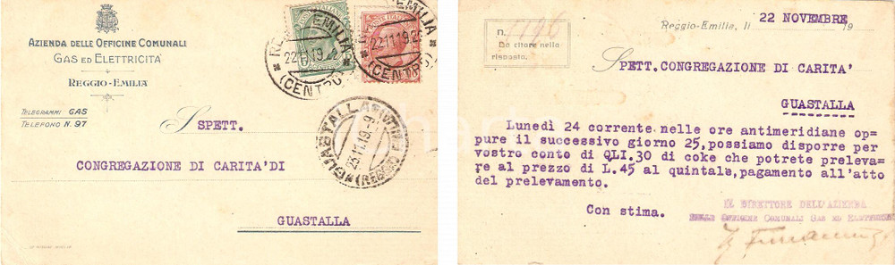 Documento originale, autentico 1919 GUASTALLA (RE) Azienda Officine Gas ElettricitÃ  *Cartolina FP VG 1