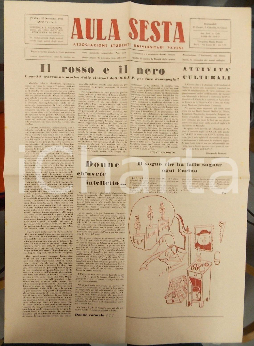 Giornale, rivista storica 1950 PAVIA AULA SESTA Elezioni dell O.R.U.P. non portino demagogia dei partiti 1