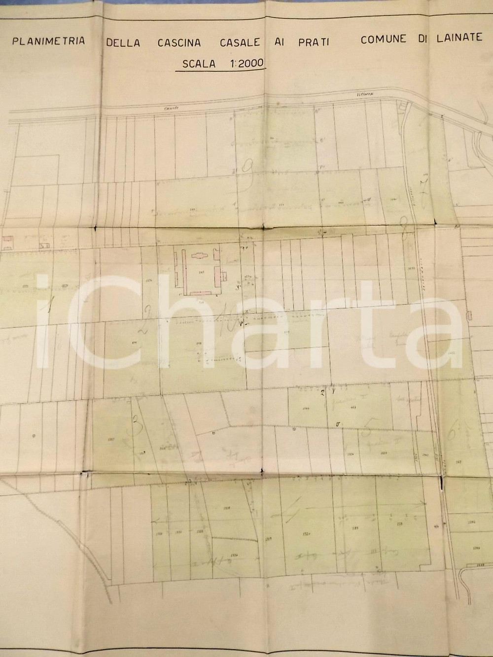Stampa, bozzetto originale 1930 ca LAINATE Planimetria della Cascina CASALE ai Prati  Adolfo ROSSI 1 1