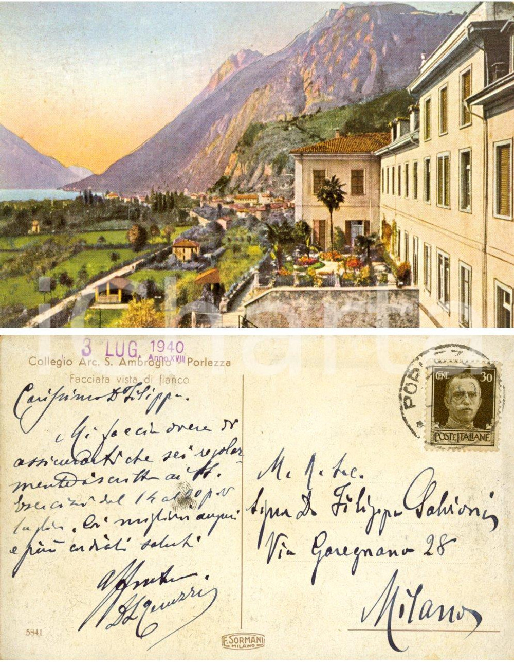 Cartolina originale da collezione 1940 PORLEZZA Collegio S. AMBROGIO *Cartolina don TERUZZI a don Filippo SALVIONI 1