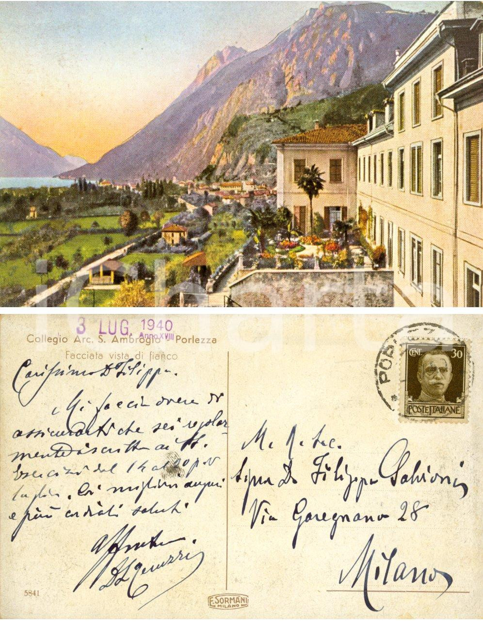 Cartolina originale da collezione 1940 PORLEZZA Collegio S. AMBROGIO Cartolina don TERUZZI a don Filippo SALVIONI 1