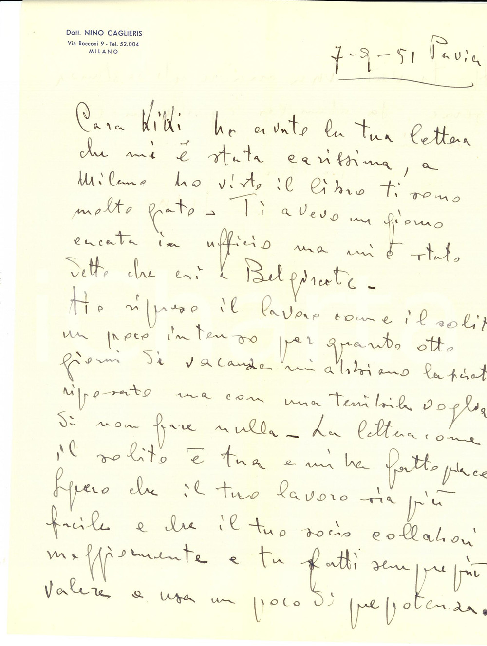 Autografo originale 1951 PAVIA Partigiano Nino CAGLIERIS in una voglia di non fare nulla Autografo 1