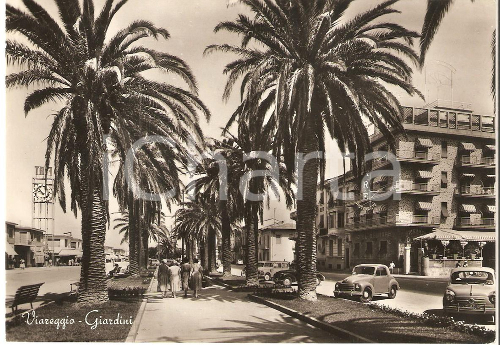 1950 ca VIAREGGIO (LU) Giardini e Orologio FIAT *Cartolina ANIMATA FG VG