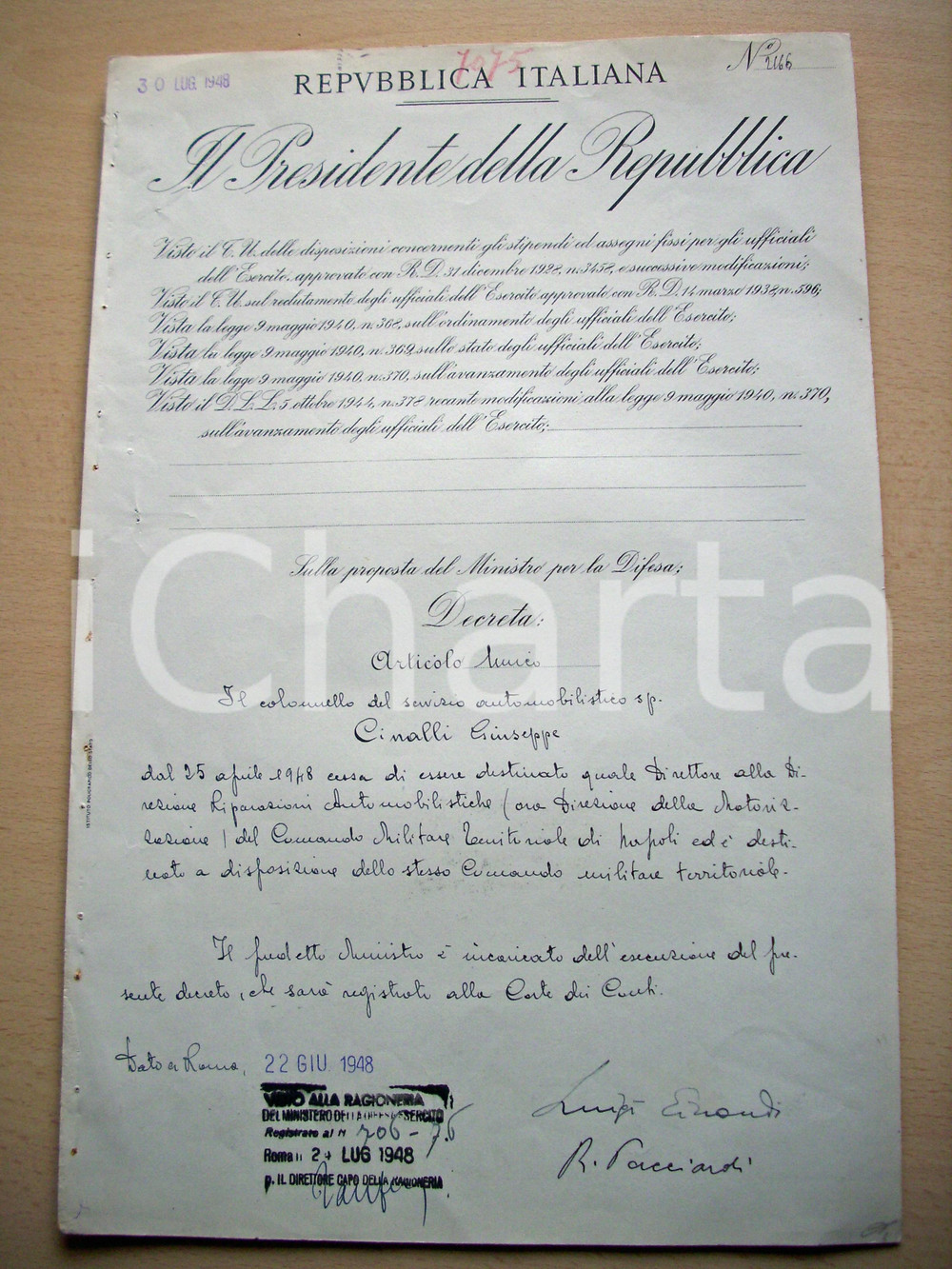 Documento originale, autentico 1948 ROMA Promozione col. CINALLI Autogr. Luigi EINAUDI 1
