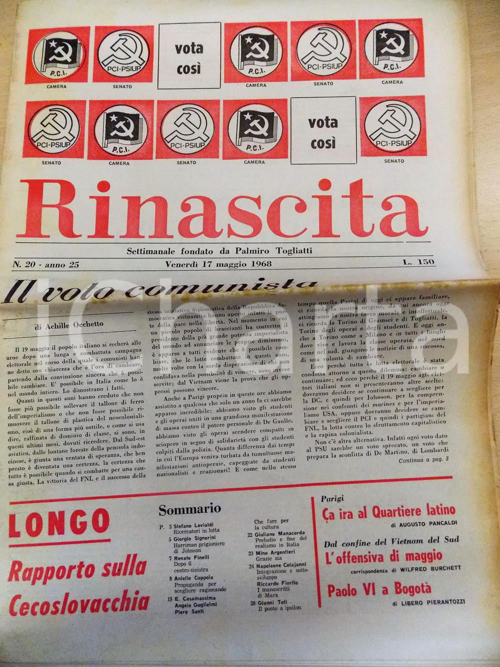 1968 RINASCITA Achille OCCHETTO Voto comunista - Guerra in Vietnam *Anno 25 nÂ°20 DATA: 17 maggio 1968CONDIZIONI: fair (ma profonda piegatura centrale coeva con ingiallimenti in corrispondenza).    originale e autentica 1
