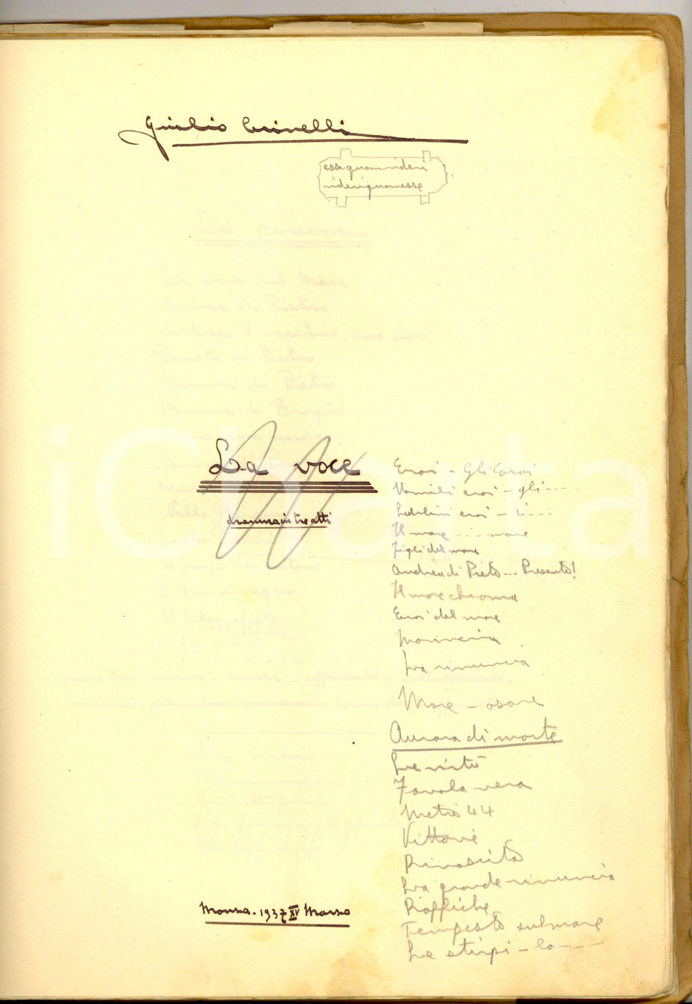 1937 MONZA Giulio CRIVELLI La voce - Dramma in tre atti - Manoscritto INEDITO