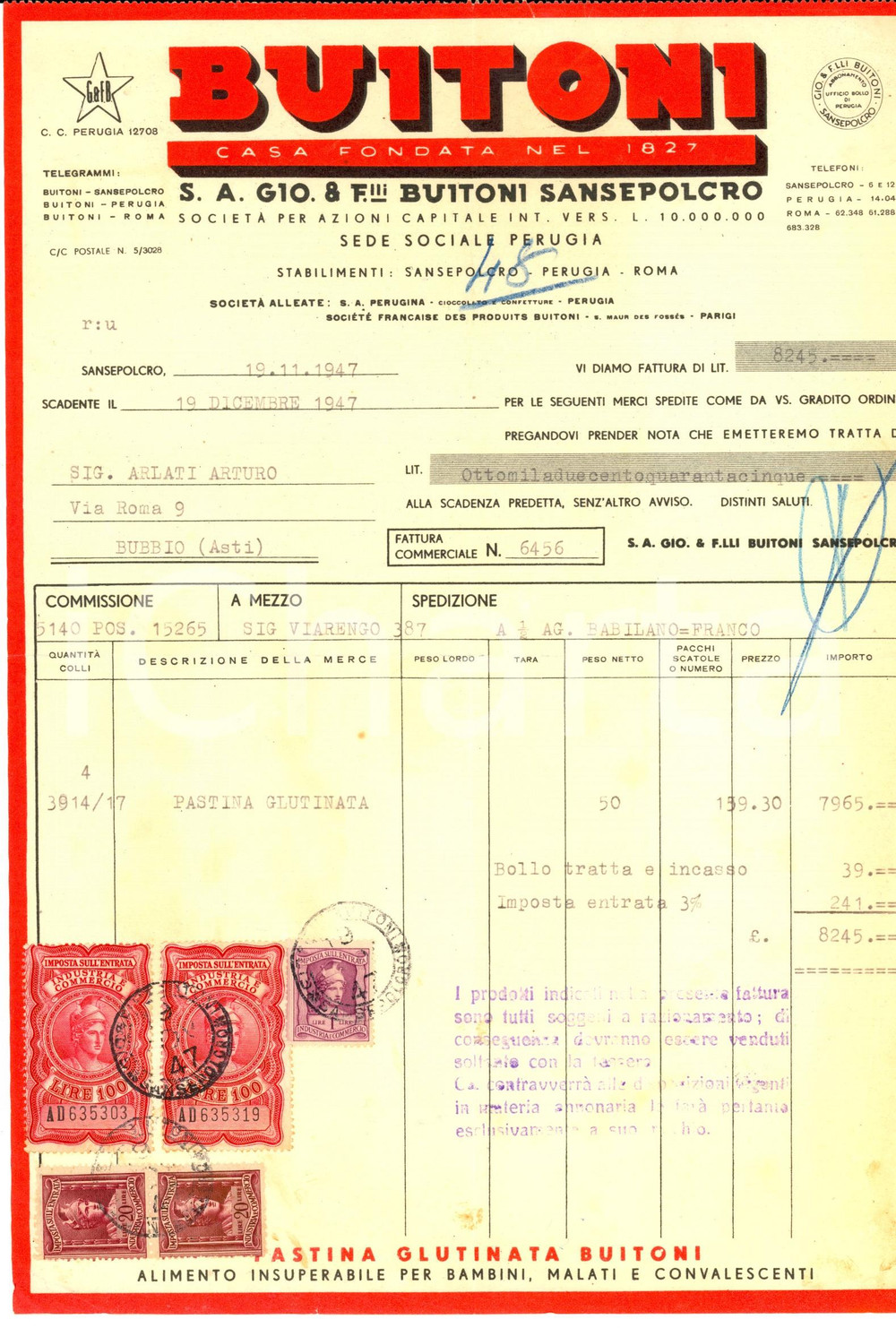 Documento originale, autentico 1947 SANSEPOLCRO AR Ditta BUITONI Fattura intestata per pastina glutinata 1