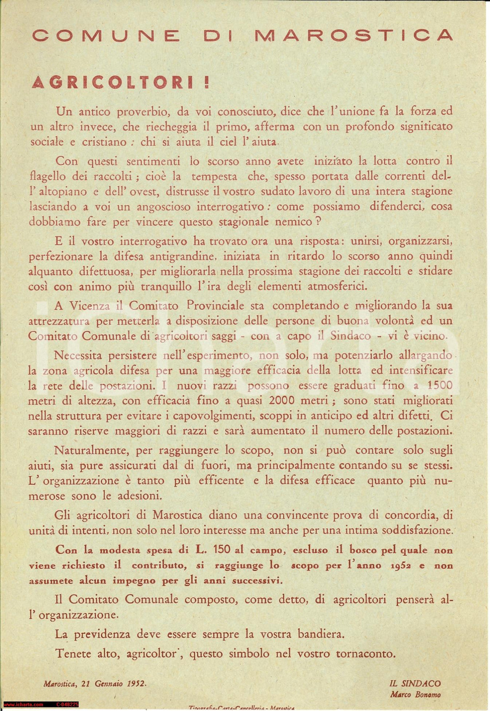 Oggetto da collezione cartaceo 1952 MAROSTICA VI colletta per acquisto razzi contro la grandine Volantino 1