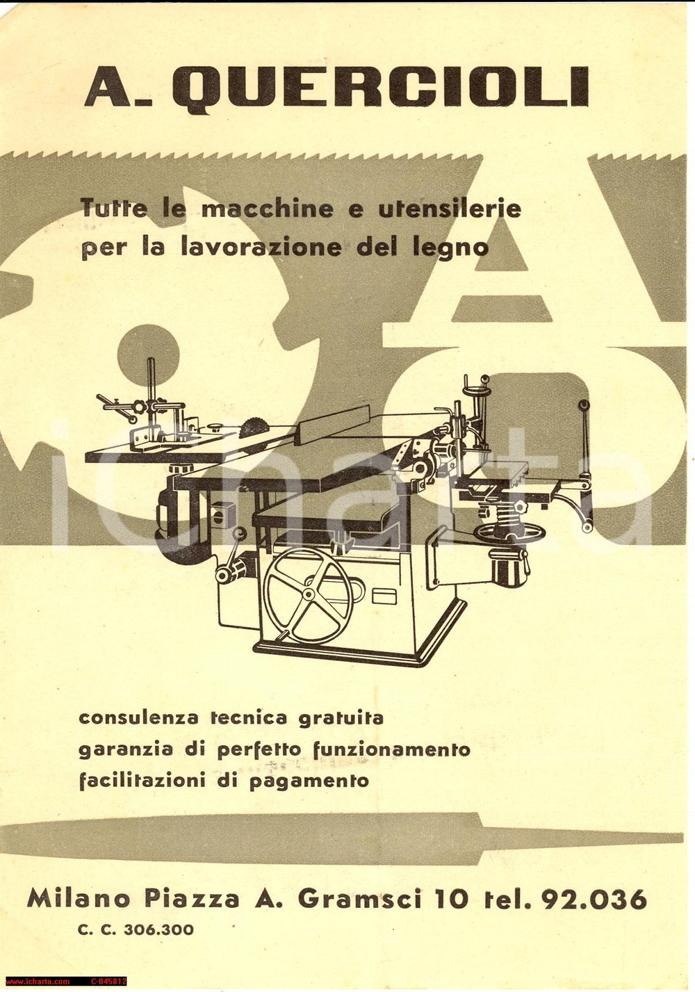 Materiale pubblicitario d’epoca 1950 ca MILANO Macchine QUERCIOLI lavorazione legno 1