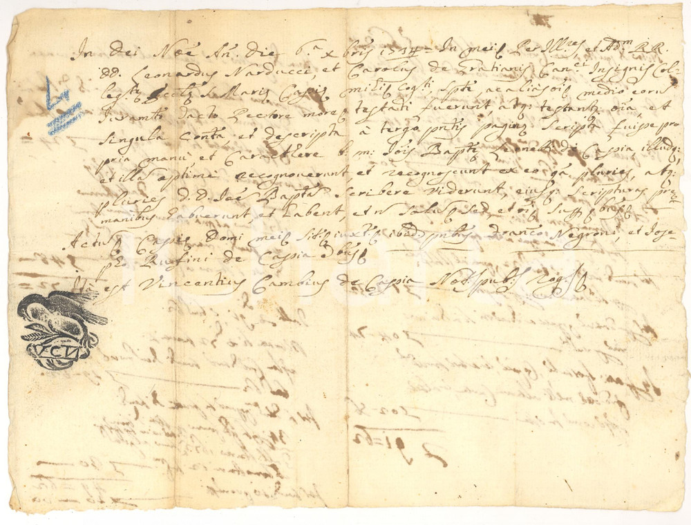 Documento originale, autentico 1734 CASCIA PG Grafia autentica G. Battista LEONETTI 1