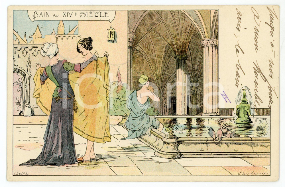 1901 VINTAGE EROTIC Bain au XIV Siècle - Ill. Ernest Louis LESSIEUX - Postcard  Cartolina postale d'epoca, viaggiata.CONDIZIONI: FAIRFORMATO: FP    originale e autentica 1