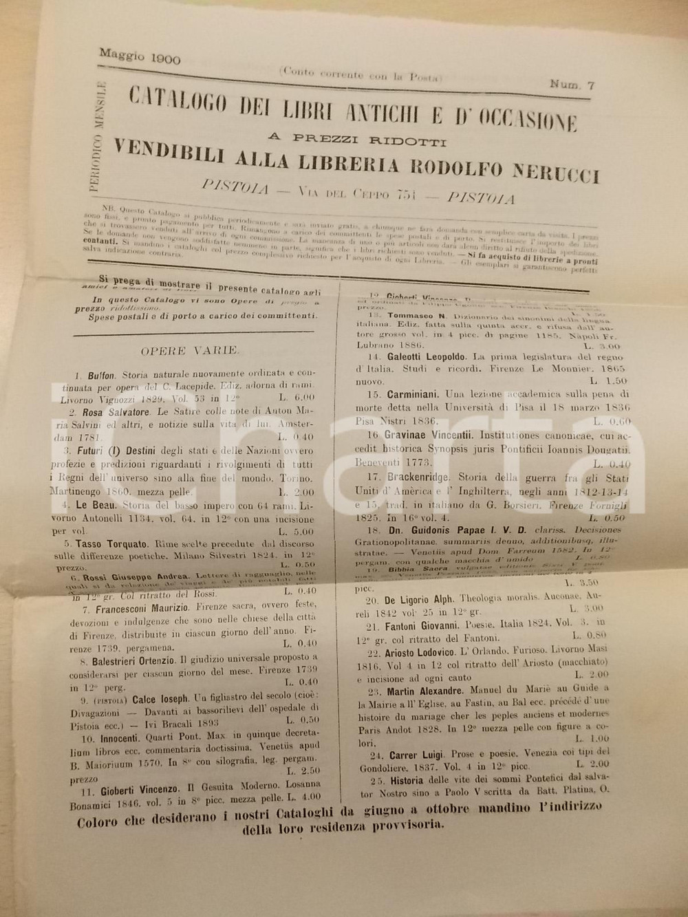 Giornale, rivista storica 1900 PISTOIA Libreria Rodolfo NERUCCI Catalogo libri antichi e d occasione n° 7 1