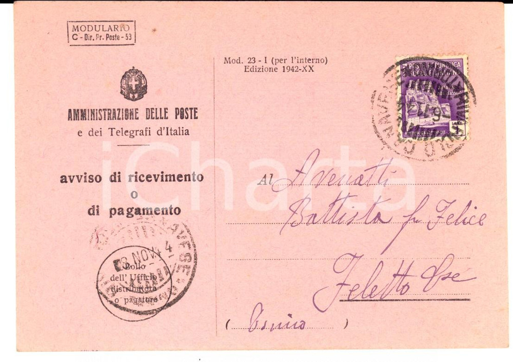 Cartolina originale da collezione 1944 STORIA POSTALE RSI Avviso ricevimento  L. 21 Abbazia di Montecassino 1