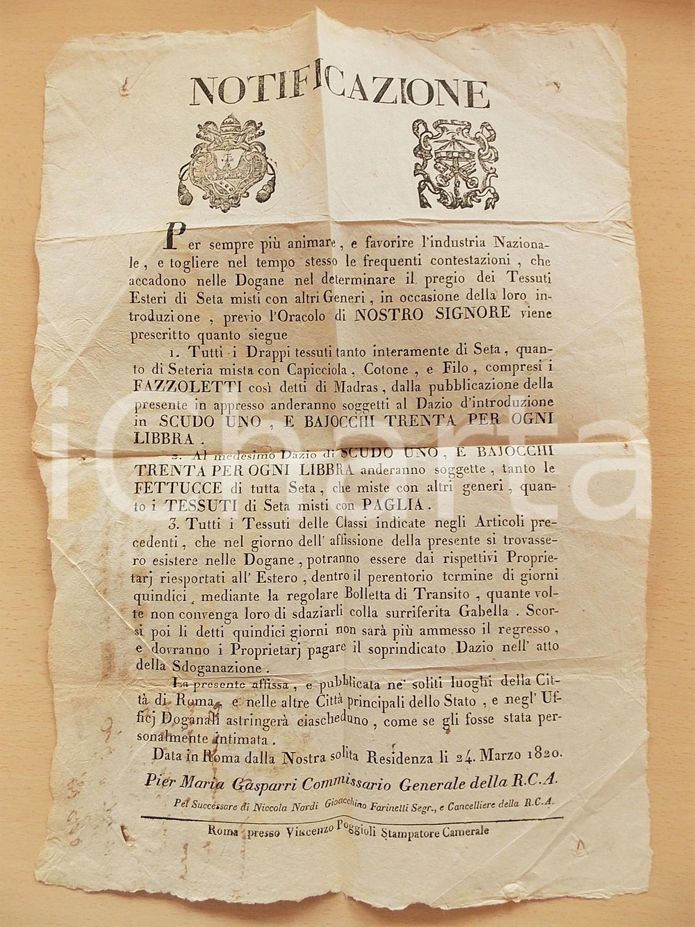 Documento originale, autentico 1820 STATO PONTIFICIO ROMA Dazio su seta e tessuti misti Manifesto 1