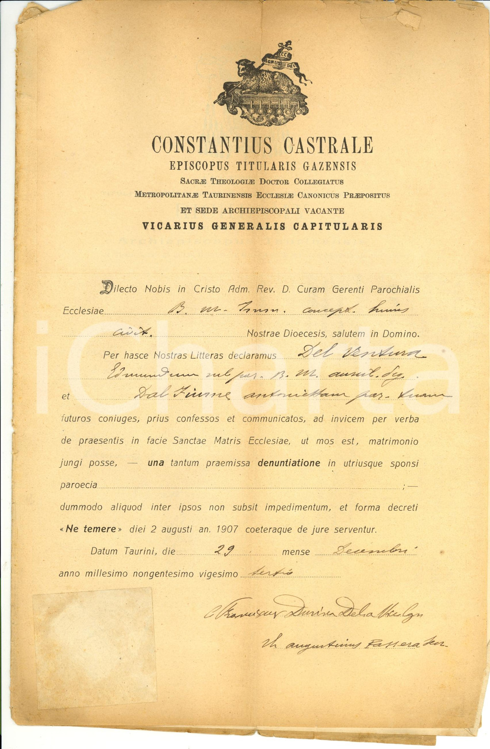 Documento originale, autentico 1923 TORINO Nozze Edmondo DEL VENTURA e Antonia DAL FIUME 1