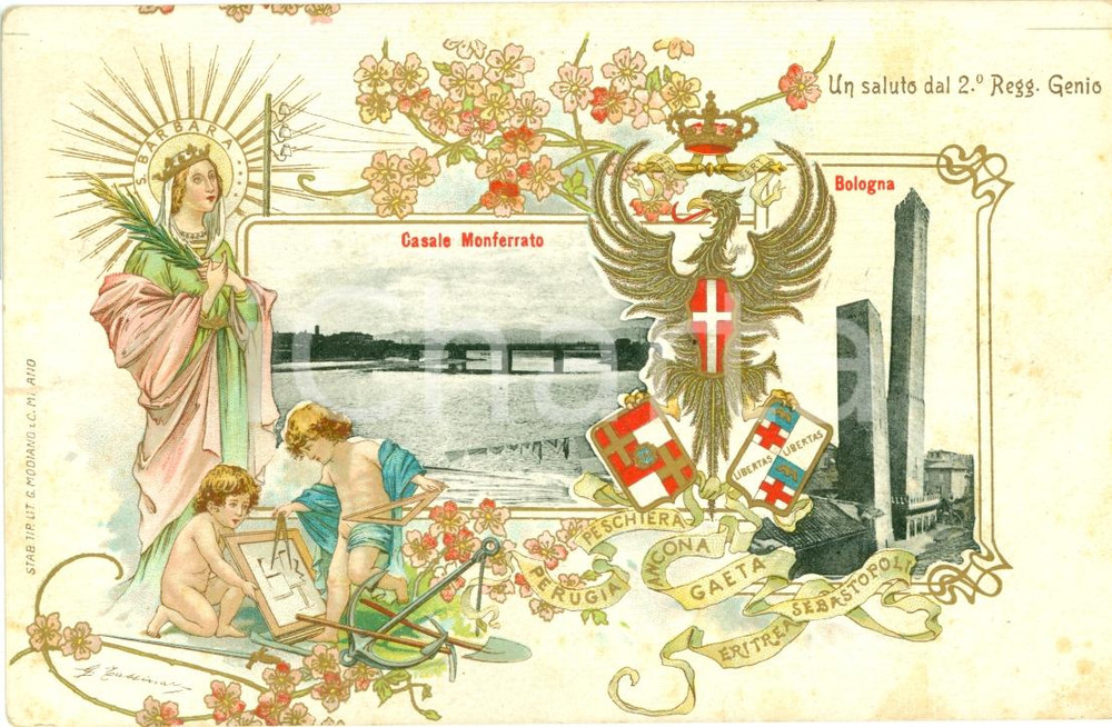 Cartolina originale da collezione 1910 ca CASALE MONFERRATO (AL) 2Â° Reggimento GENIO Illustrata *Cartolina FP VG 1