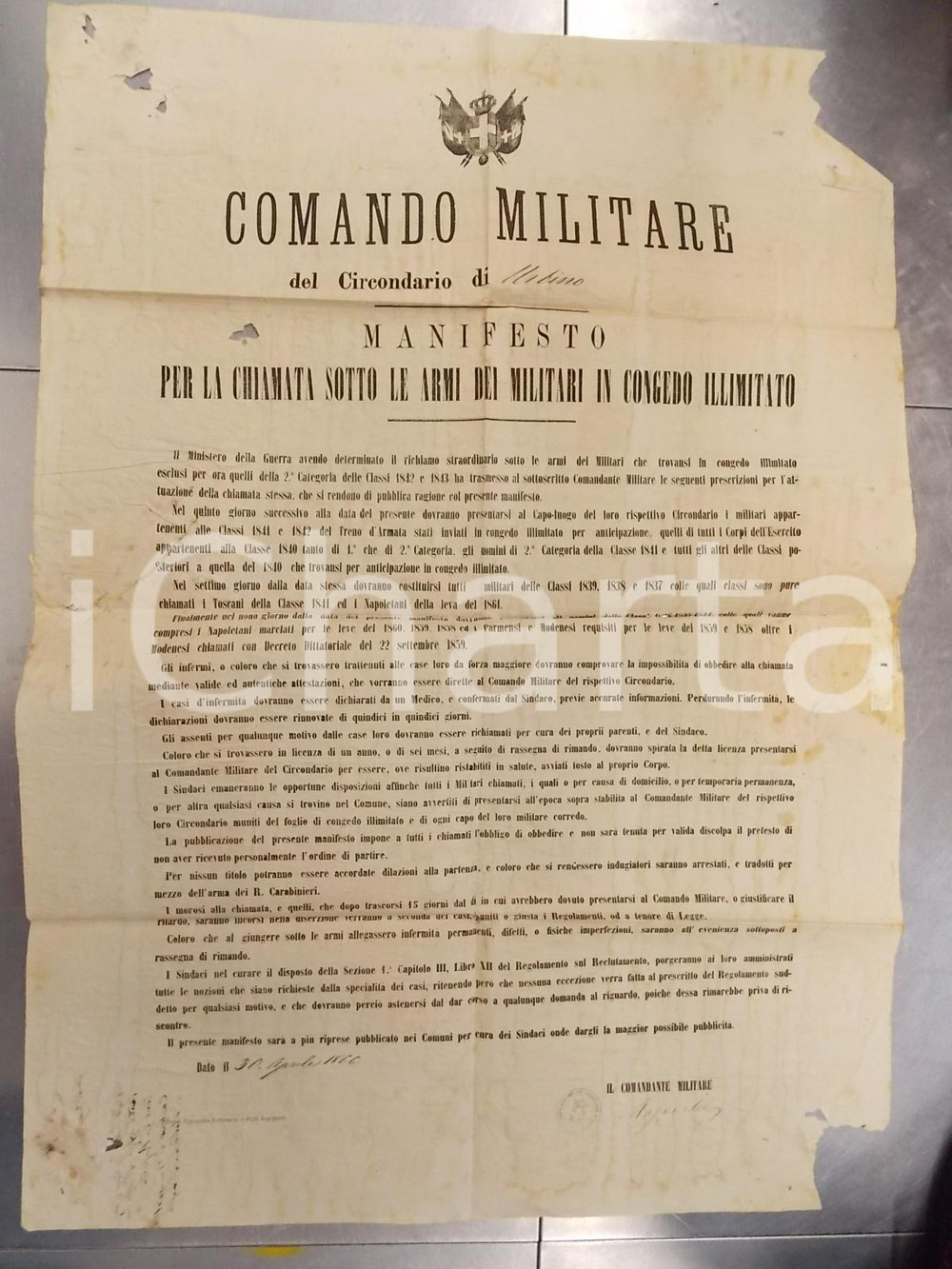 Documento originale, autentico 1866 URBINO Chiamata alle armi dei militari in congedo illimitato Manifesto 1