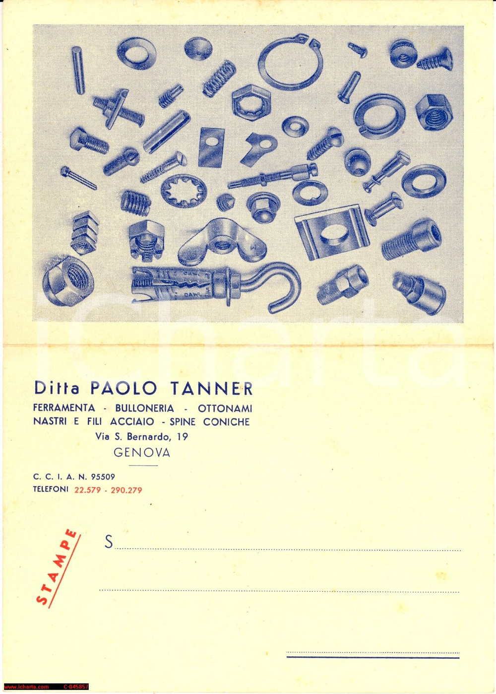 Materiale pubblicitario d’epoca 1920 ca GENOVA Paolo TANNER Ferramenta e bulloneria 1