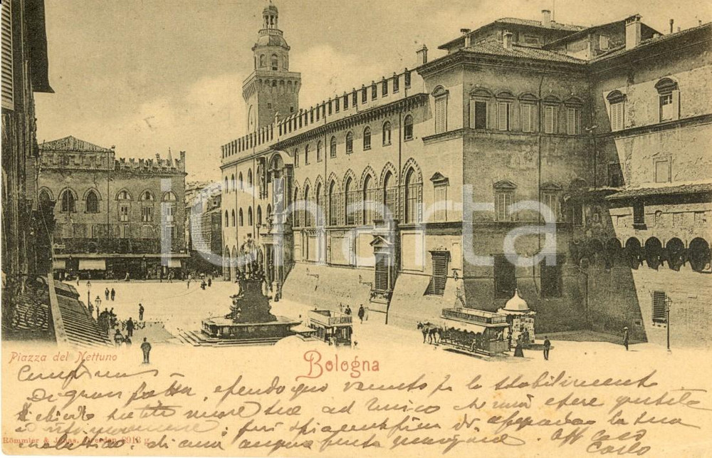 Cartolina originale da collezione 1907 BOLOGNA Veduta di Piazza del NETTUNO con passanti *Cartolina FP VG 1