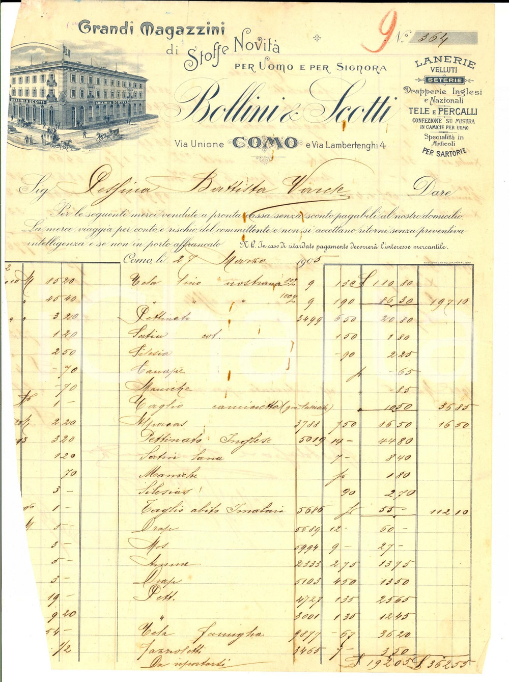 Documento originale, autentico 1905 COMO Grandi Magazzini di stoffe BOLLINI & SCOTTI Fattura DANNEGGIATA 1