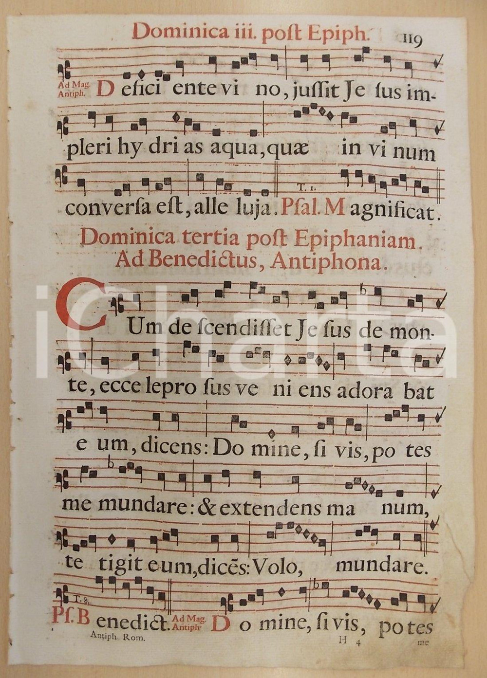 Libro, pubblicazione d epoca 1700 ca ANTIFONARIO ROMANO Pagina canti rosso e nero III domenica dopo EPIFANIA 1