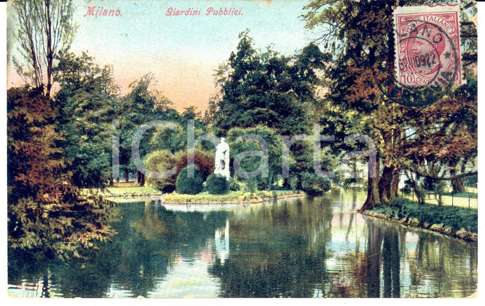 Cartolina originale da collezione 1909 MILANO Statua di Carlo PORTA su lago artificiale *Cartolina FP VG 1