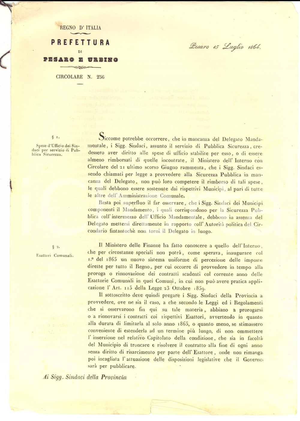 Documento originale, autentico 1864 STATO PONTIFICIO PESARO Spese agenti forestali e sistema metrico decimale 1